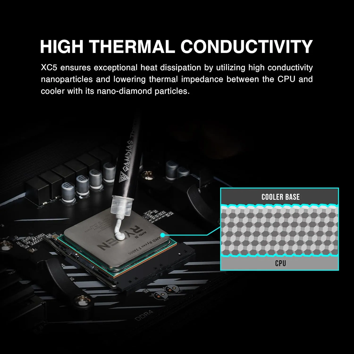 GAMDIAS XC5 PERFORMANCE THERMAL COMPOUND 4g Nano-diamond (2) GAMDIAS-XC5 GAMDIAS XC5 PERFORMANCE THERMAL COMPOUND 4g GAMDIAS XC5 PERFORMANCE THERMAL COMPOUND 4g : Nano-diamond Base Material ; 3-in-1 Application Kit ; Non-Electrically Conductive ; -50℃~220℃ Temp Range ;