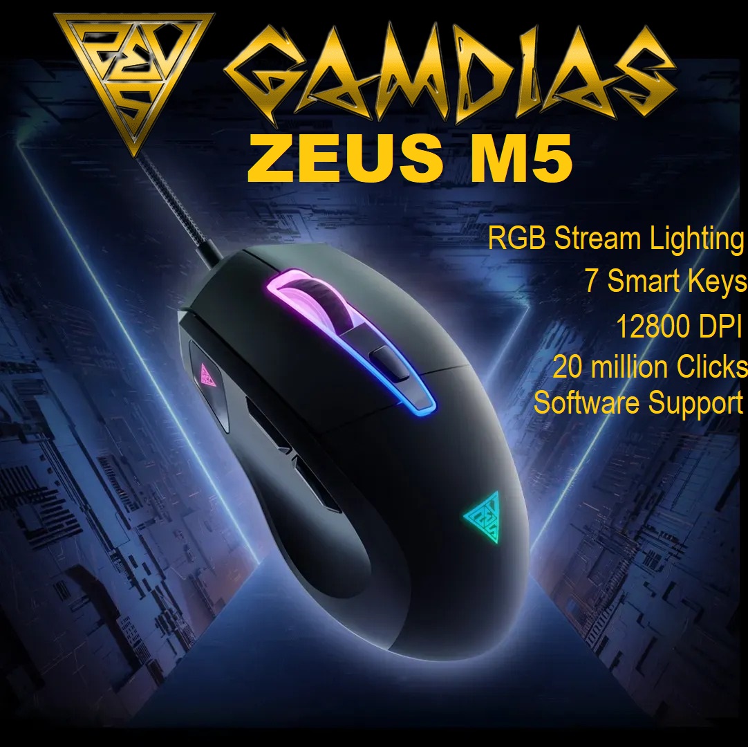 ZEUS-M5-B GAMDIAS ZEUS M5 RGB Wired Gaming Mouse GAMDIAS ZEUS M5 RGB Wired Gaming Mouse ; Adjustable up to 12800 DPI Advanced Gaming Optical Sensor ; Lightweight 99 gram ; 7 Smart Keys ; 20 million Clicks ; Software Support | BLACK 