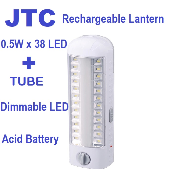 JTC Portable Rechargeable LED Torch 1600mAh 4V Dimmable (5) JTC-JL-8024LB JTC Portable Rechargeable LED Torch 1600mAh 4V JTC Portable Rechargeable LED Torch - 38 LEDs Plus Middle Light Bar - 1,600mAh Rechargeable Battery (Sealed lead-acid, 4V) - Up to 13 hours Operating Time - Dimmable - Top Handle - Wall Mountable | WHITE JTC-JL-8024LB