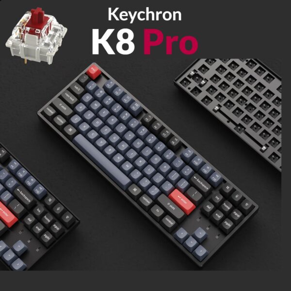 K8P-J1 Pro QMK VIA TKL Mechanical Keyboard Red Switch Keychron K8 Pro QMK/VIA Wireless Mechanical Keyboard, TKL Custom Programmable Macro Wired Keyboard with Gateron G Pro Red Switch, Connect with up to 3 Devices via Bluetooth 5.1, or USB Type-C , RGB Backlit, PBT Keycaps for Mac Windows Linux | K8P-J1