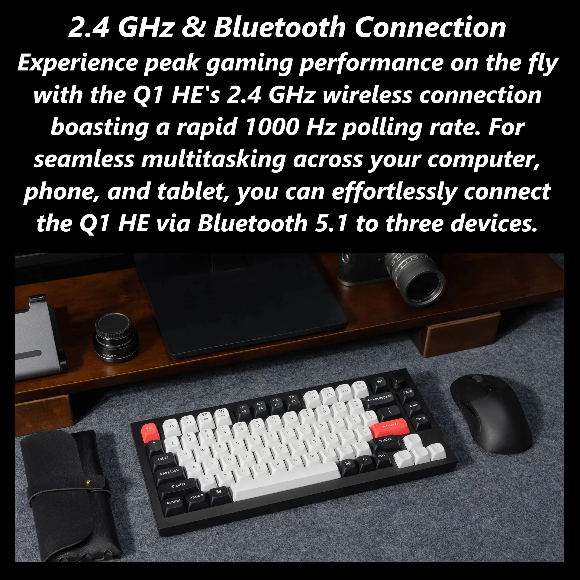 Q1H-M1 Keyboard Double-rail Magnetic Nebula Switches Keychron Q1 HE QMK Wireless Custom 75% Layout Metal RGB Keyboard with Hall Effect Gateron Double-rail Magnetic Nebula Switches ; 1000 Hz 2.4 GHz Mode or Bluetooth 5.1 for up to 3 Device Connectivity , 0.2 mm to 3.8 mm Adjustable Actuation Points ; Dynamic Rapid Trigger ; Four Actions Per Key ; OSA Profile PBT Keycaps ; Windows and macOS | CARBON BLACK Q1H-M1
