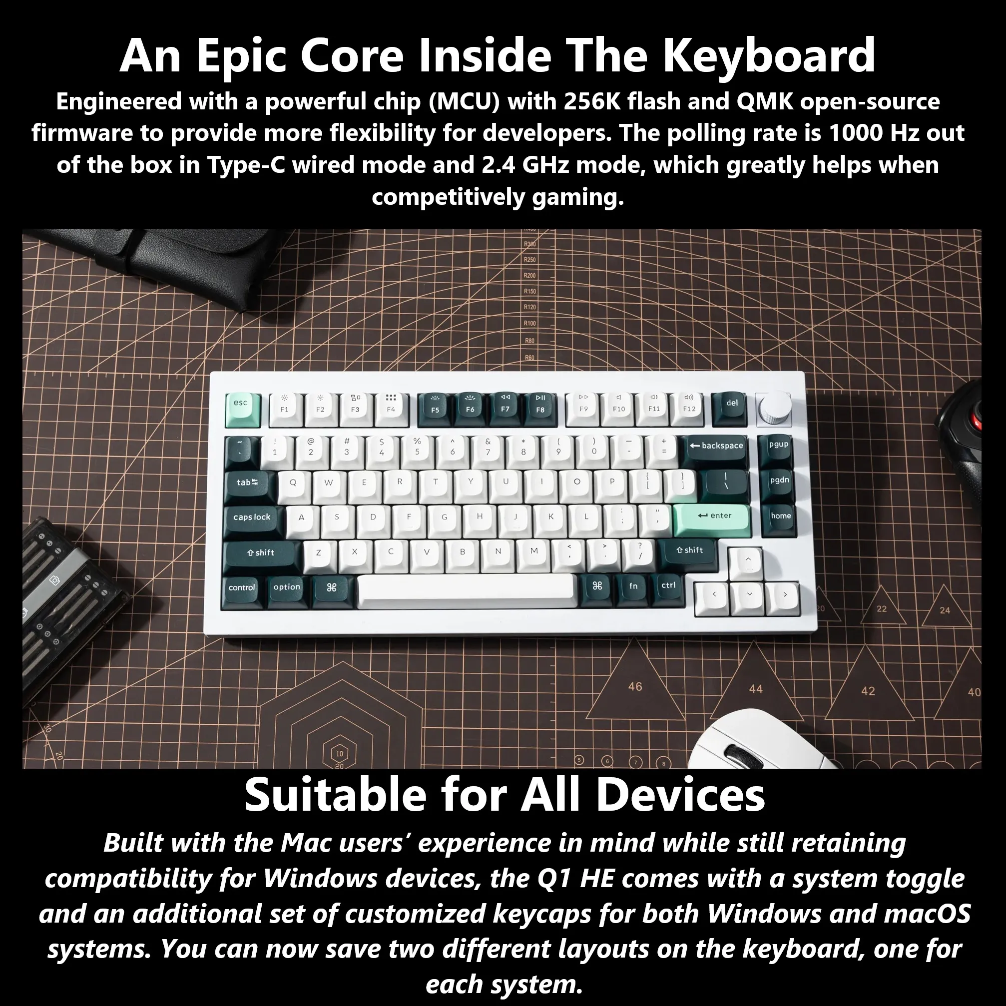 Q1H-M1 Keyboard Double-rail Magnetic Nebula Switches Keychron Q1 HE QMK Wireless Custom 75% Layout Metal RGB Keyboard with Hall Effect Gateron Double-rail Magnetic Nebula Switches ; 1000 Hz 2.4 GHz Mode or Bluetooth 5.1 for up to 3 Device Connectivity , 0.2 mm to 3.8 mm Adjustable Actuation Points ; Dynamic Rapid Trigger ; Four Actions Per Key ; OSA Profile PBT Keycaps ; Windows and macOS | CARBON BLACK Q1H-M1