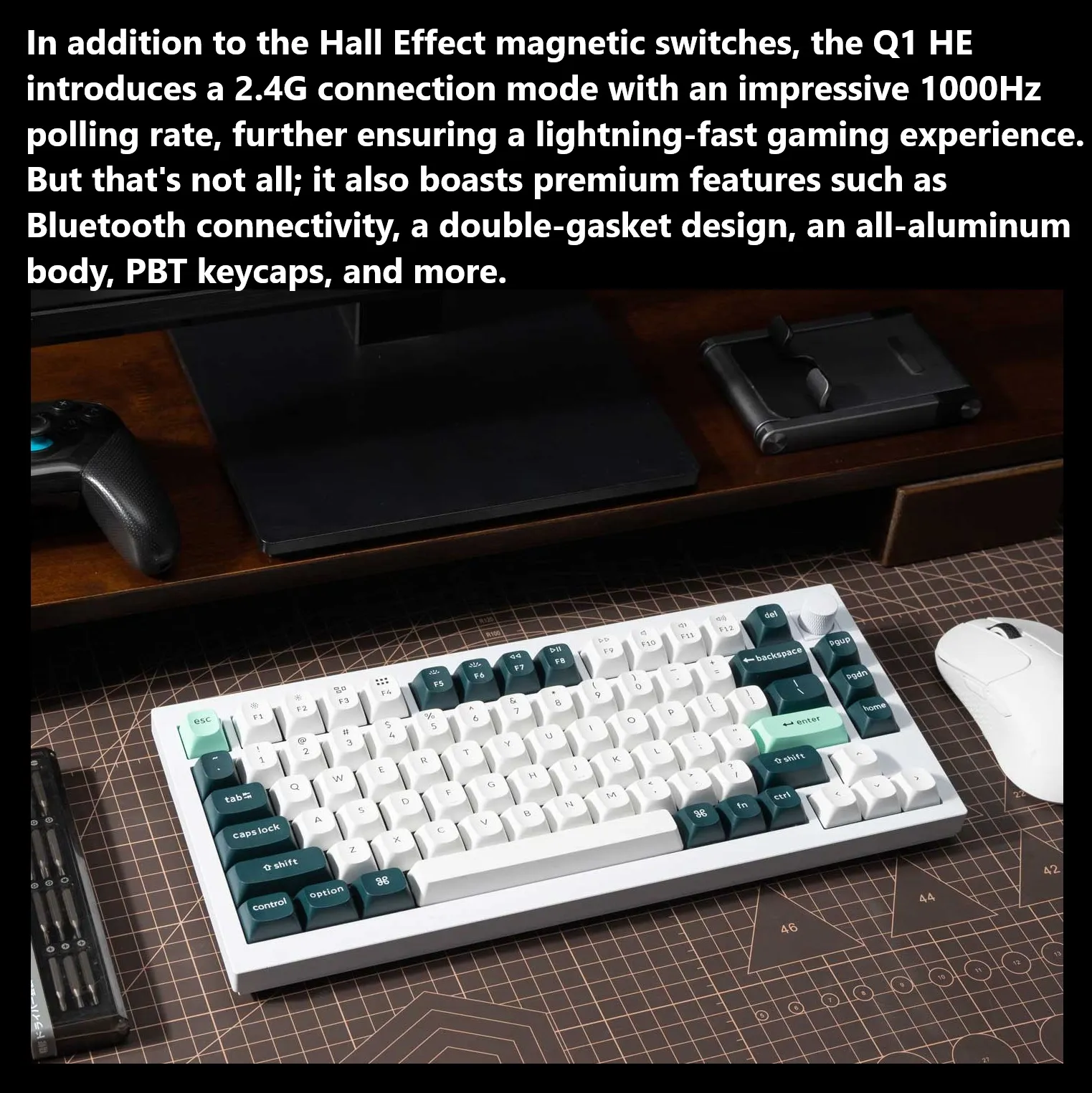 Q1H-M1 Keyboard Double-rail Magnetic Nebula Switches Keychron Q1 HE QMK Wireless Custom 75% Layout Metal RGB Keyboard with Hall Effect Gateron Double-rail Magnetic Nebula Switches ; 1000 Hz 2.4 GHz Mode or Bluetooth 5.1 for up to 3 Device Connectivity , 0.2 mm to 3.8 mm Adjustable Actuation Points ; Dynamic Rapid Trigger ; Four Actions Per Key ; OSA Profile PBT Keycaps ; Windows and macOS | CARBON BLACK Q1H-M1