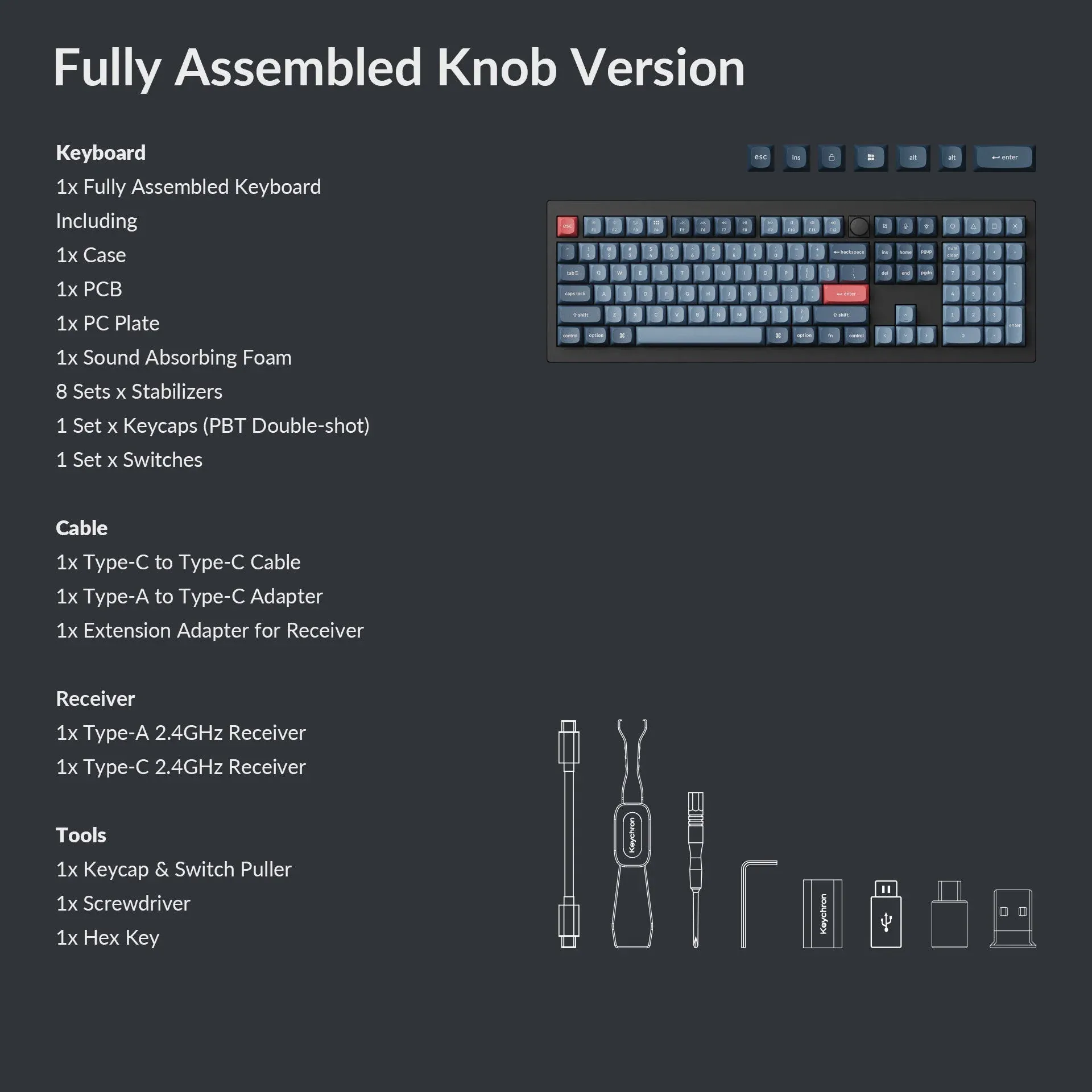 V6M-D1 QMK VIA Wireless Custom Mechanical Keyboard Keychron V6 Max QMK/VIA Wireless Mechanical Fully Customizable Keyboard with Programmable Knob ; 2.4 GHz or Bluetooth 5.1 Connectivity for up to Three Devices ; Type-C & Type-A Dual Receivers ; Double-shot PBT ; Gasket Mount ; RGB LED ; Hot-swappable Gateron Jupiter Red Switch  | Carbon Black V6M-D1
