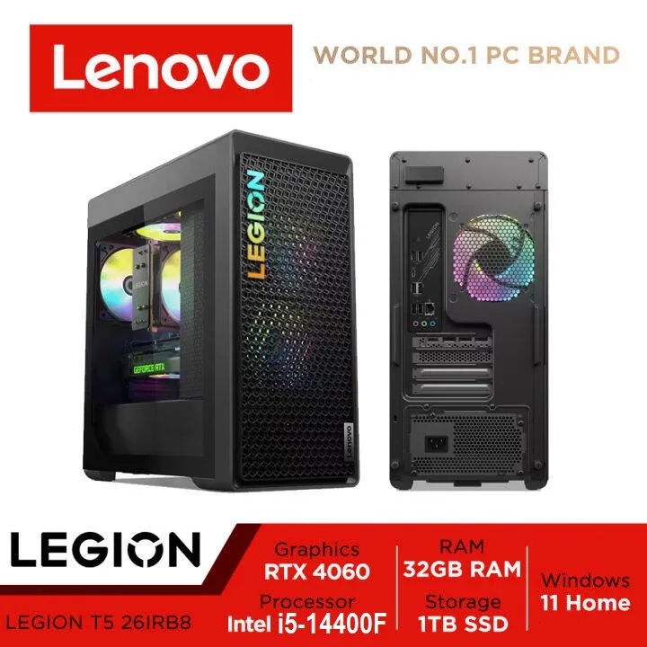 90UT001LCF T5 26IRB8 Gaming Desktop i5-14400F RTX 4060 LENOVO Legion T5 26IRB8 ARGB Gaming Desktop  Intel® Core™ i5-14400F | RTX™ 4060 8GB | 32GB DDR5 RAM ; 1TB SSD | RTX™ 4060 8GB | Windows® 11  | Wired Calliope Keyboard  & Mouse |  Storm Grey 90UT001LCF