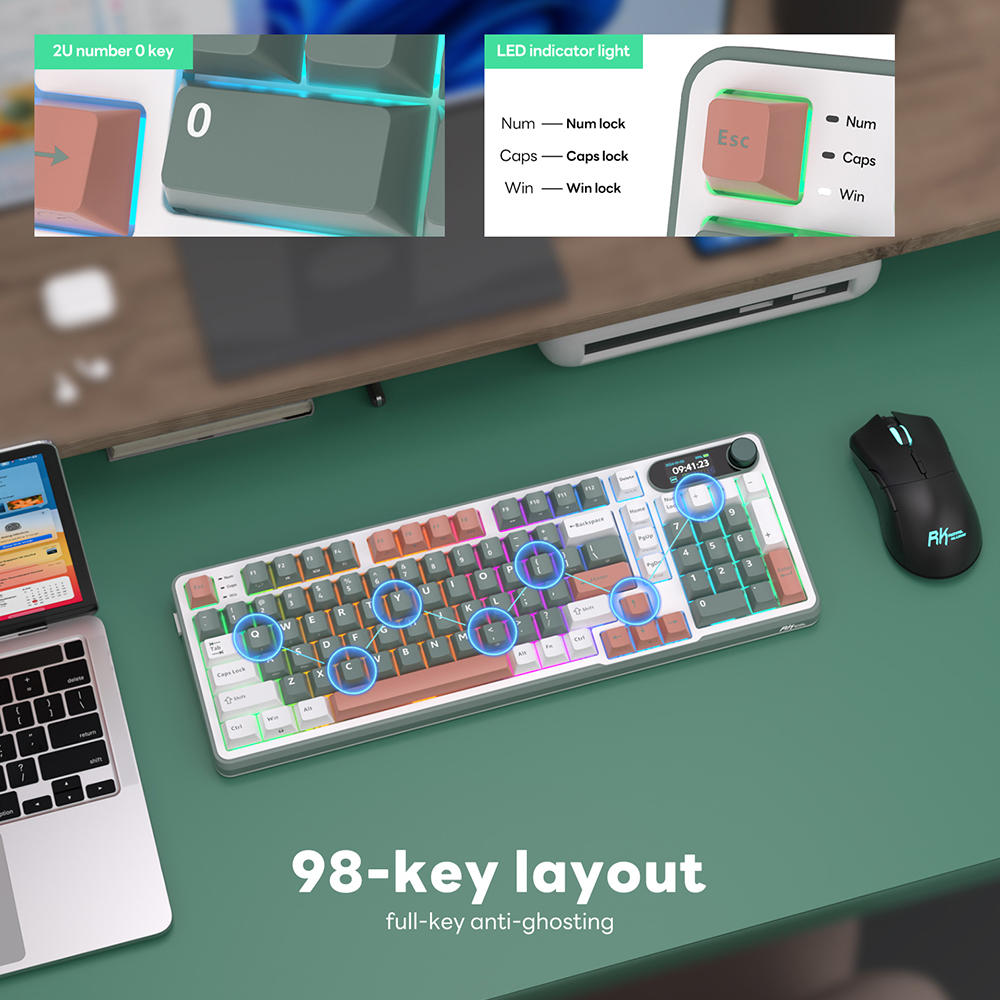 RKS98-CAMPING-CHARTR Mechanical Keyboard Chartreuse Switch RK ROYAL KLUDGE RKS98 Mechanical Keyboard w/Smart Display & Knob, Top Mount 96% Wireless Mechanical Keyboard BT/2.4G/USB-C, Hot Swappable, Software Support, Massive Battery, 98 Keys Chartreuse Switch
