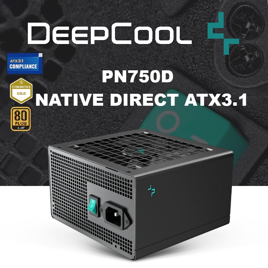 PNxxxD PN750DNATIVE DIRECT ATX3.1 R-PN750D-FC0B-EU PN750D PSU 750W 80 Plus Gold Non-Modular DeepCool PN750D PSU 750W ATX 3.1 &PCIe 5.1 Standard 80 Plus Gold efficiency; Dedicated 12V-2x6, 2 EPS, and 3 PCIe Connectors, Dynamic 120mm Fan, Robust Protection (OVP, OCP, etc.) ; Non-Modular | BLACK