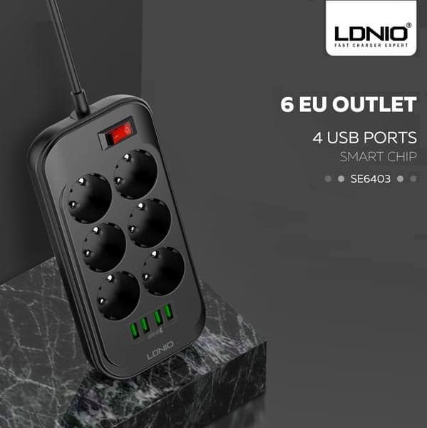 Power Strip Extension 4 EU Sockets 4 USB-A With 2 Meter Cord (2) SE6403 Power Strip Extension 4 EU Sockets 4 USB-A LDNIO EU Power Strip Extension 4 EU Sockets 4 USB-A With 2 Meter Cord ; Max Output 2500W ; 17W USB Smart Device Recharge ; Child Safety ; Surge Protection | BLACK SE6403