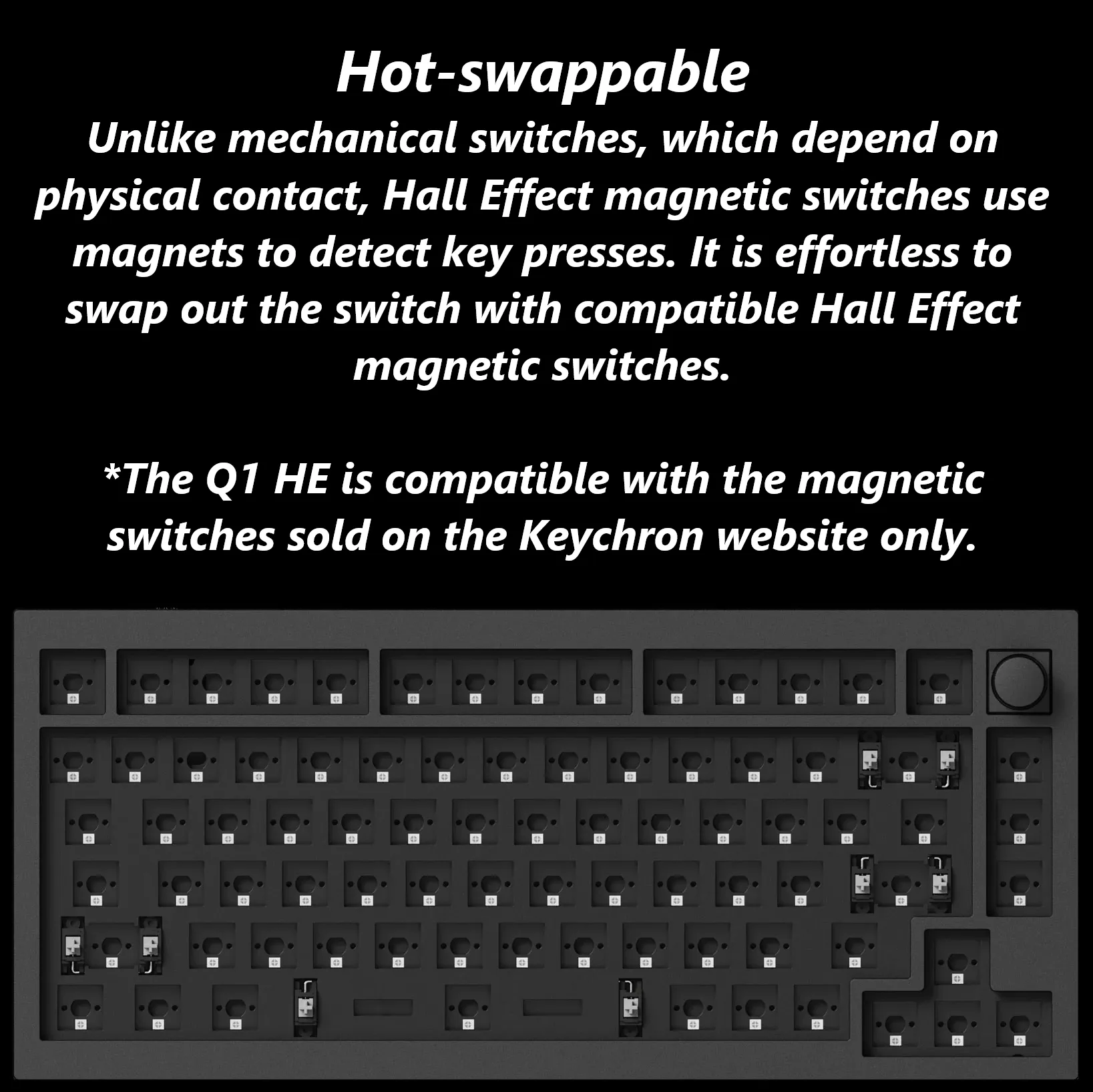 Q1H-M1 Keyboard Double-rail Magnetic Nebula Switches Keychron Q1 HE QMK Wireless Custom 75% Layout Metal RGB Keyboard with Hall Effect Gateron Double-rail Magnetic Nebula Switches ; 1000 Hz 2.4 GHz Mode or Bluetooth 5.1 for up to 3 Device Connectivity , 0.2 mm to 3.8 mm Adjustable Actuation Points ; Dynamic Rapid Trigger ; Four Actions Per Key ; OSA Profile PBT Keycaps ; Windows and macOS | CARBON BLACK Q1H-M1