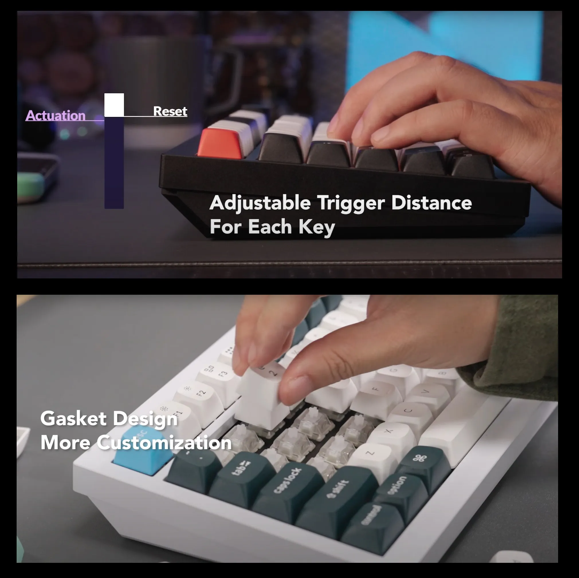 Q1H-M1 Keyboard Double-rail Magnetic Nebula Switches Keychron Q1 HE QMK Wireless Custom 75% Layout Metal RGB Keyboard with Hall Effect Gateron Double-rail Magnetic Nebula Switches ; 1000 Hz 2.4 GHz Mode or Bluetooth 5.1 for up to 3 Device Connectivity , 0.2 mm to 3.8 mm Adjustable Actuation Points ; Dynamic Rapid Trigger ; Four Actions Per Key ; OSA Profile PBT Keycaps ; Windows and macOS | CARBON BLACK Q1H-M1