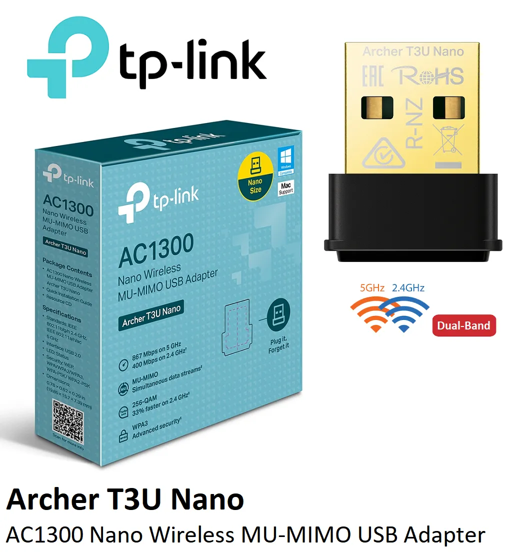 Archer T3U Nano USB WiFi Adapter AC1300 TP-Link Archer T3U Nano USB WiFi Adapter for PC AC1300 2.4G/5G Dual-Band Wireless Network Transceiver Adapter for Desktop PC, Travel Size, Supports Windows & Mac OS 