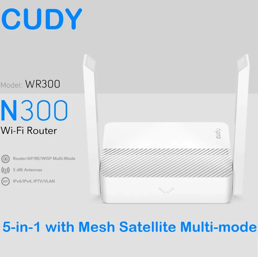 WR300-EU WR300 300 Mbps N300 Multi-Mode Wi-Fi Router CUDY WiFi Router WR300 300 Mbps N300 Multi-Mode Wi-Fi Router with 4 Fast Ethernet Ports - Connect up to 30 Devices Wirelessly - Cudy App - Covers 90 m² - Router/AP/RE/WISP/Client/Mesh Modes - VPN Client of WireGuard, PPTP, L2TP