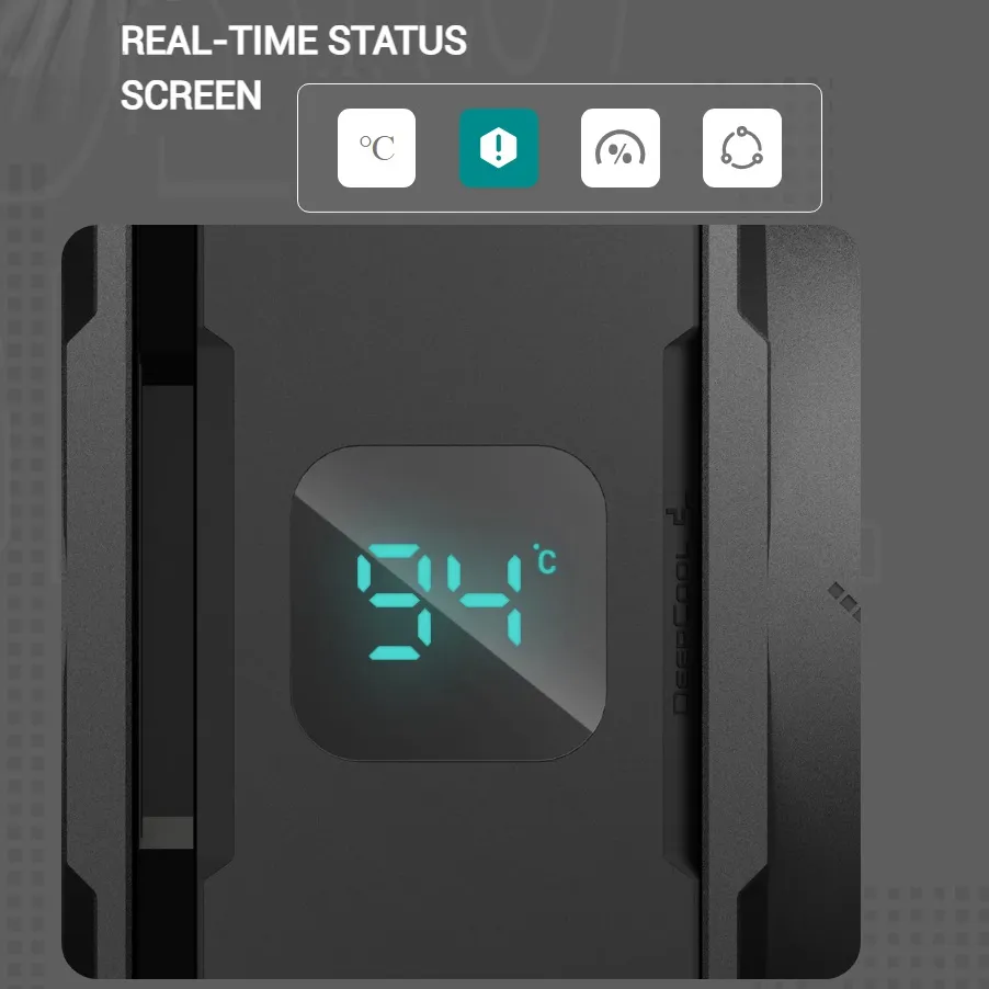 R-AG620-BKNDMN-G-1  AG620 Digital CPU AIR COOLER with Temp Display  DeepCool AG620 Digital CPU AIR COOLER with Temp Display : Hydro Bearing 120mm PWM Fan 1950 RPM 67.88 CFM ; 6 Advanced Copper HeatPipes AND Copper Cold Plate ; Quite 29.4 dB ; Supports AMD & INTEL  R-AG620-BKNDMN-G-1 AG620 Digital CPU AIR COOLER with Temp Display DeepCool AG620 Digital CPU AIR COOLER with Temp Display : Hydro Bearing 120mm PWM Fan 1950 RPM 67.88 CFM ; 6 Advanced Copper HeatPipes AND Copper Cold Plate ; Quite 29.4 dB ; Supports AMD & INTEL