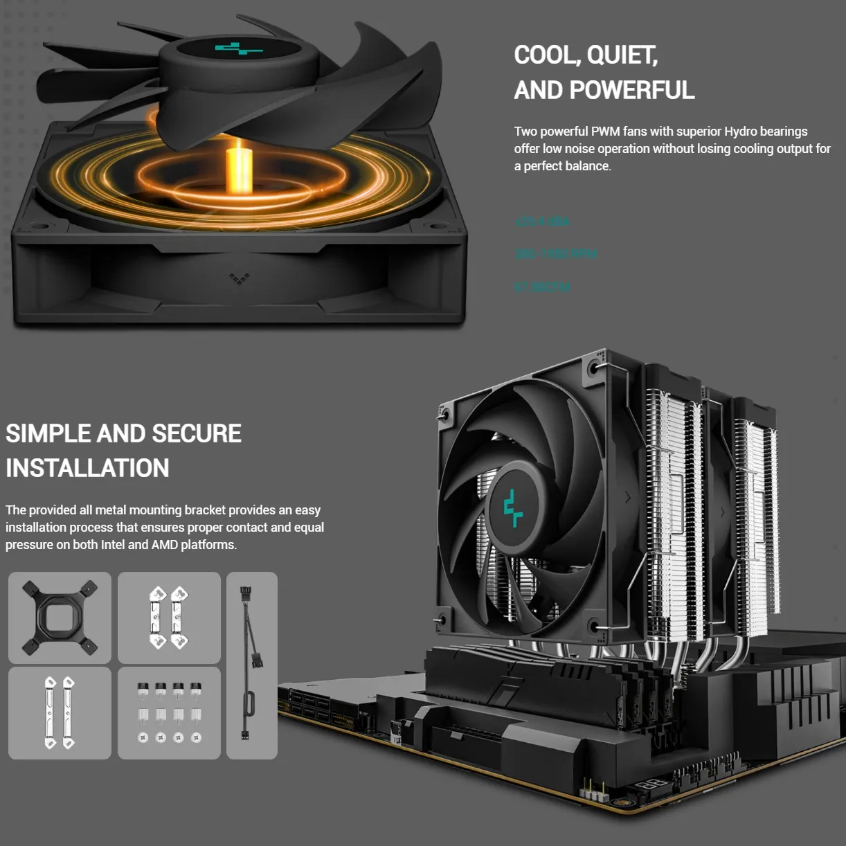 R-AG620-BKNDMN-G-1  AG620 Digital CPU AIR COOLER with Temp Display  DeepCool AG620 Digital CPU AIR COOLER with Temp Display : Hydro Bearing 120mm PWM Fan 1950 RPM 67.88 CFM ; 6 Advanced Copper HeatPipes AND Copper Cold Plate ; Quite 29.4 dB ; Supports AMD & INTEL  R-AG620-BKNDMN-G-1 AG620 Digital CPU AIR COOLER with Temp Display DeepCool AG620 Digital CPU AIR COOLER with Temp Display : Hydro Bearing 120mm PWM Fan 1950 RPM 67.88 CFM ; 6 Advanced Copper HeatPipes AND Copper Cold Plate ; Quite 29.4 dB ; Supports AMD & INTEL