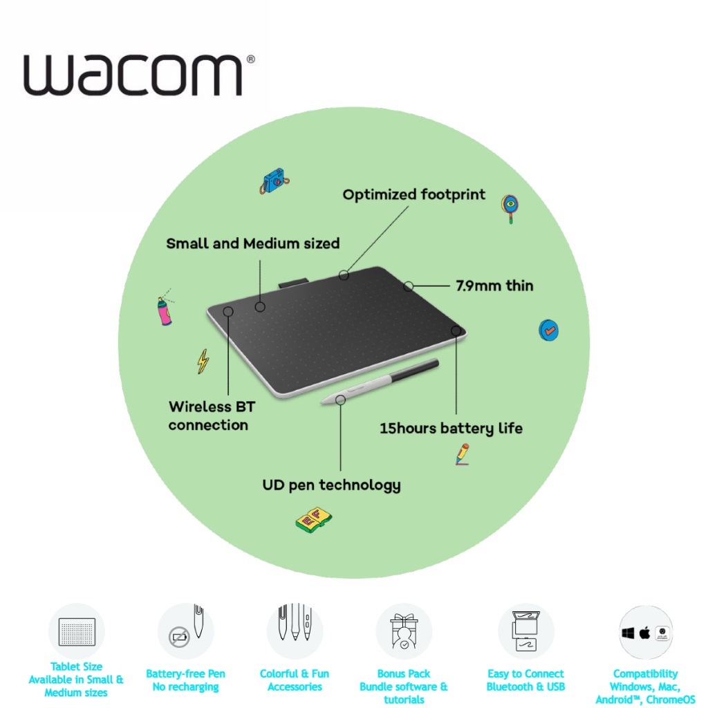CTC4110WLW1B One S Pen Tablet with Battery-Free EMR Pen Wacom One S Pen Tablet with Battery-Free EMR Pen, Bluetooth Connectivity, Compatible with Windows, Mac, Chromebook, and Android – Perfect for  Digital Drawing, and Everyday Office Tasks | 15.24 x 9.4 cm.