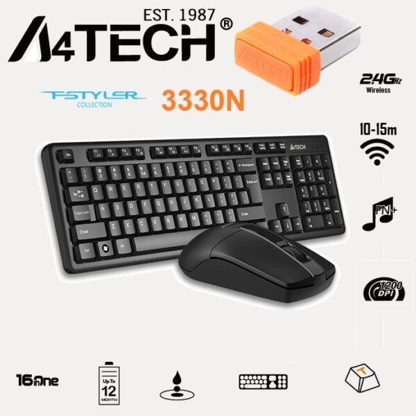 A4TECH-3330N A4TECH 3330N Wireless Keyboard and Mouse A4TECH 3330N Wireless Keyboard & Mouse Combo ;  2.4GHz Wireless Connectivity with 10-15m Range 1200 DPI  - 16 Mouse Gestures - 12 Multimedia Hotkeys  -  Long lasting Battery | BLACK