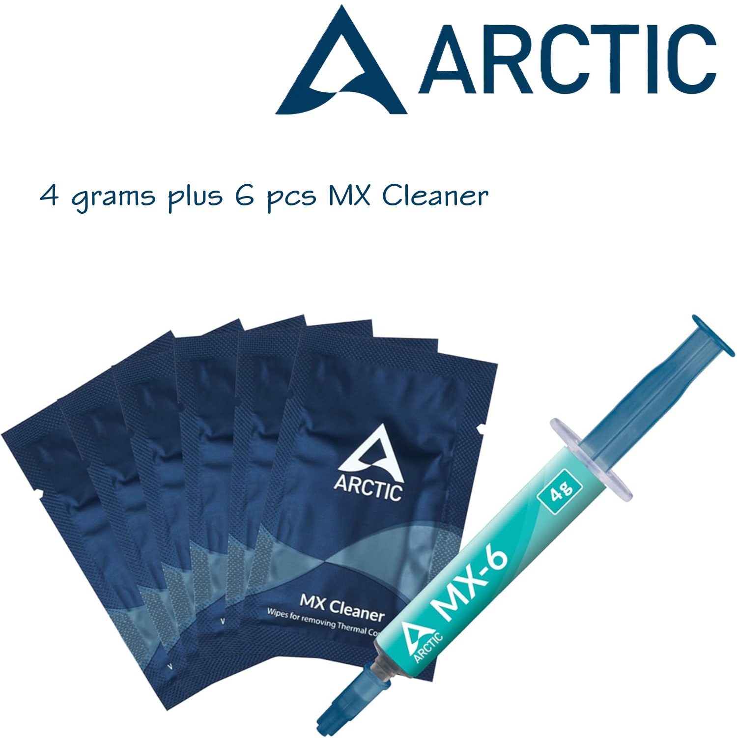 ARCTIC 4 grams MX-6 Thermal Paste 6 Pcs MX Cleaner (1) ARCTIC 4 grams MX-6 Thermal Paste 6 MX CLEANER ACTCP00084A ARCTIC 4 grams MX-6 Thermal Paste 6 Pcs MX Cleaner ARCTIC 4 grams MX-6 Ultimate Performance Thermal Paste for CPU, Consoles, Graphics Cards, laptops, Very high Thermal Conductivity, Long Durability, Non-Conductive ; 6 Pieces of MX Cleaner Included