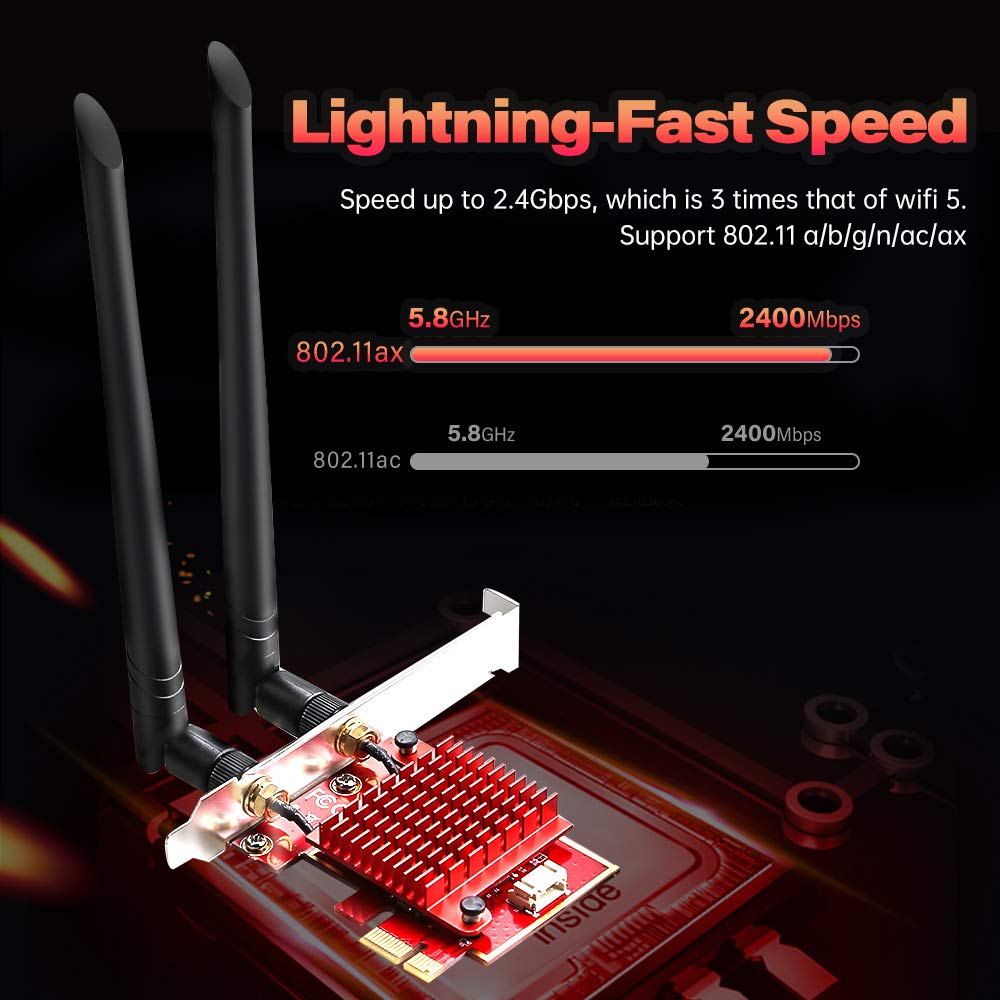 AX200 Dual Band PCIe WiFi 6 Wireless Network Card (8) AXA3036 AX200 Dual Band PCIe WiFi 6 Network Card AX200 Dual Band PCIe WiFi 6 Wireless Network Card: 2.4GHz/5GHz, Bluetooth 5.0, MU-MIMO, Ultra-Low Latency, Supports Windows 10 32/64 Bit