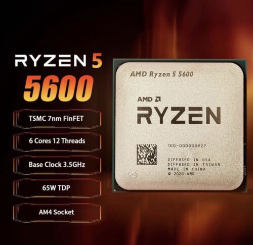 CPU AMD Ryzen 5 5600 Vermeer Zen 3 6-Core Desktop Processor (1) AMD-5600-TRAY CPU AMD Ryzen 5 5600 Vermeer Zen 3 6-Core CPU AMD Ryzen 5 5600 - Ryzen 5 5000 Series Vermeer (Zen 3) 6-Core 3.5 GHz ; 12 Threads 32MB L3 Cache 3MB L2 Cache ; Socket AM4 65W ; None Integrated Graphics ; Unlocked Desktop Processor - TRAY