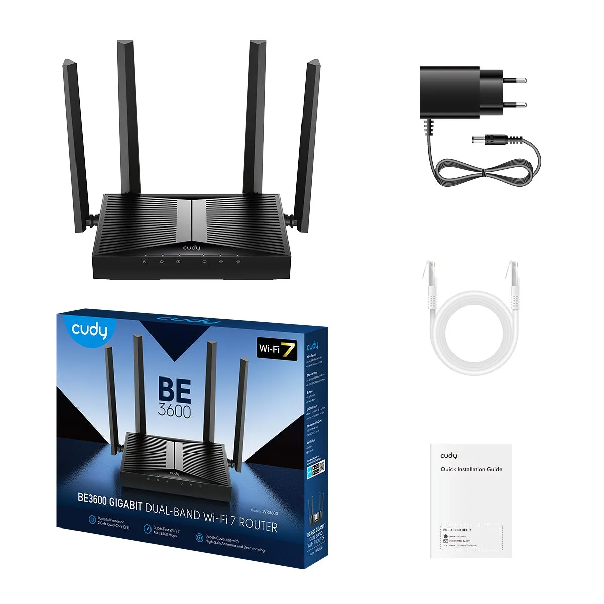 WR3600-EU CUDY WR3600 Wi-Fi 7 Dual-Band Router CUDY WR3600 Wi-Fi 7 Router – Dual-Band, 3.6 Gbps Speed, 5 Gigabit Ports, VPN Support, Parental Controls, Easy Setup, Wide Coverage, 200 Device Connectivity, Powerful Quad-Core CPU, and Cudy App Management.