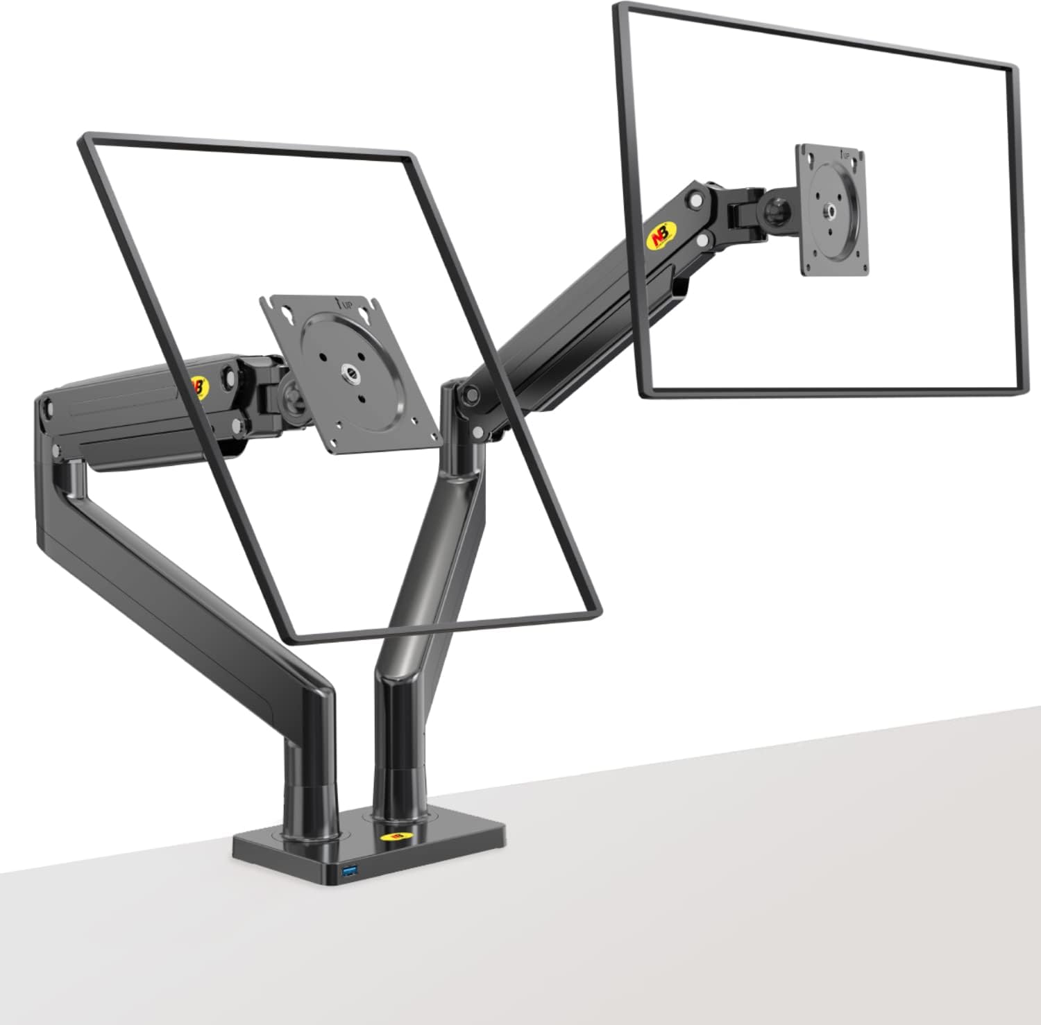 Dual LCD Monitor Holder Desk Mount Gas Spring Arm FullMotion (7) NB-G32 Dual LCD Monitor Holder Desk Mount Gas Spring NB G32 Aluminum 22"-32" Dual LCD Monitor Desk Mount Gas Spring Arm Full Motion Double Monitor Holder Support 2-15 kgs Each with USB ; Full-motion adjustment: 360° rotation, ±90° swivel, +85° to -30° tilt.