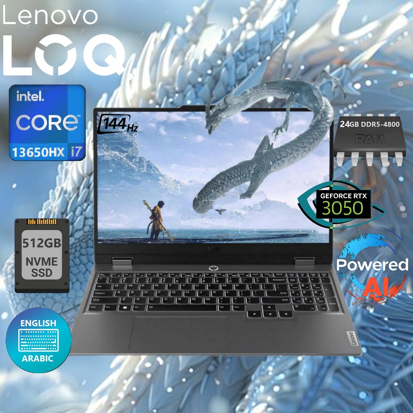 Lenovo-AI-LOQ-Core-i7-13650HX-RTX-4050-16Gb-DDR5-RAM-15-1 83DV00YRAX AI LOQ Core i7-13650HX RTX 3050 24Gb DDR5 RAM LENOVO AI-Powered LOQ 15IRX9 Intel® Core™ i7-13650HX | 24GB DDR5 RAM ; 512 SSD NVMe® | RTX™ 3050 6GB | 15.6" FHD IPS Display 144Hz | White Backlit Arabic English Keyboard | DOS | Luna Grey