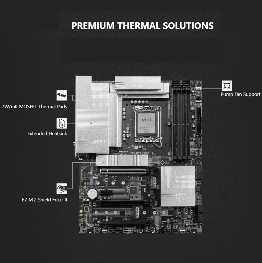 911-7E34-001 MSI PRO Z890-P WIFI DDR5 Motherboard LGA 1851 MSI PRO Z890-P WiFi ProSeries Motherboard (Supports Core Ultra Series 2 Intel Processors, LGA 1851, DDR5, PCIe 5.0, M.2, SATA, 5Gbps LAN, USB Type-C, Wi-Fi 7, Bluetooth 5.4, Thunderbolt 4, ATX)