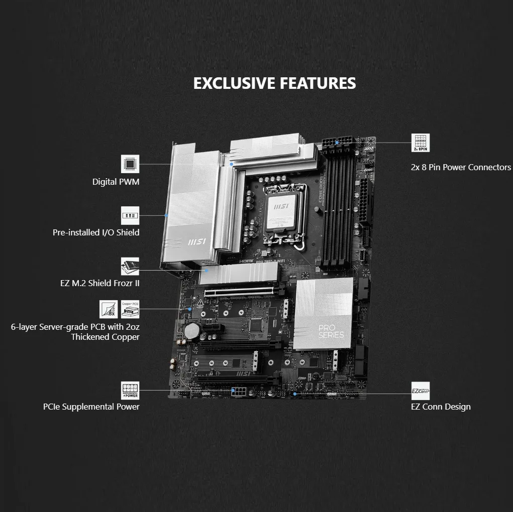 911-7E34-001 MSI PRO Z890-P WIFI DDR5 Motherboard LGA 1851 MSI PRO Z890-P WiFi ProSeries Motherboard (Supports Core Ultra Series 2 Intel Processors, LGA 1851, DDR5, PCIe 5.0, M.2, SATA, 5Gbps LAN, USB Type-C, Wi-Fi 7, Bluetooth 5.4, Thunderbolt 4, ATX)