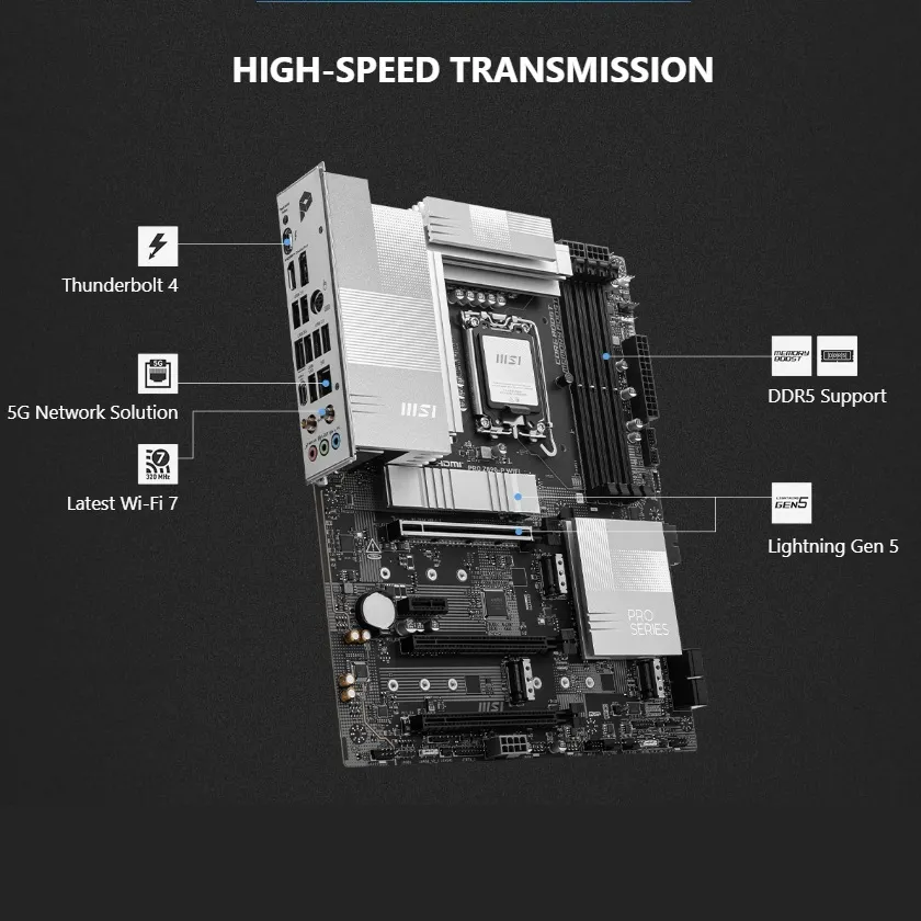911-7E34-001 MSI PRO Z890-P WIFI DDR5 Motherboard LGA 1851 MSI PRO Z890-P WiFi ProSeries Motherboard (Supports Core Ultra Series 2 Intel Processors, LGA 1851, DDR5, PCIe 5.0, M.2, SATA, 5Gbps LAN, USB Type-C, Wi-Fi 7, Bluetooth 5.4, Thunderbolt 4, ATX)