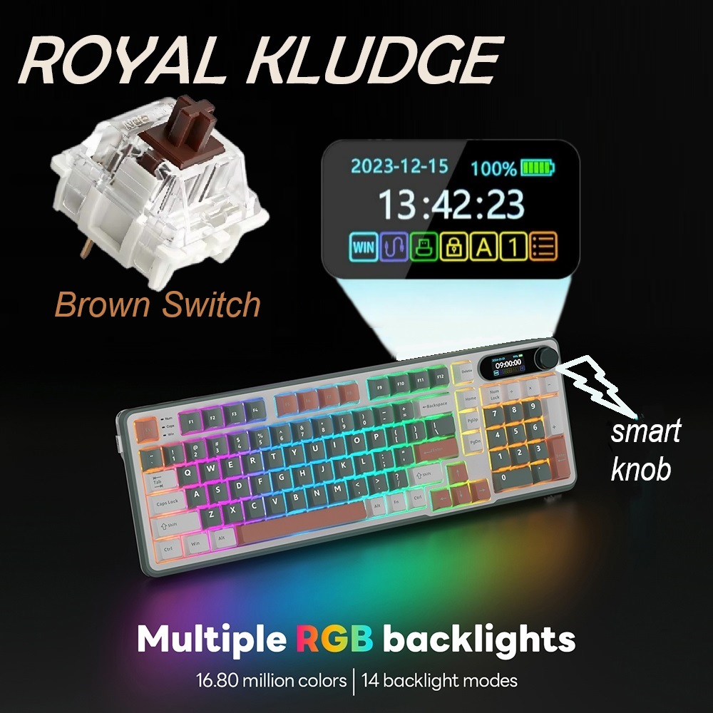 Mechanical Keyboard Chartreuse Switch Smart Display and Knob (8) RKS98-CAMPING-BROWN Knob Mechanical Keyboard Brown Switch RK ROYAL KLUDGE RKS98 Mechanical Keyboard w/Smart Display & Knob, Top Mount 96% Wireless Mechanical Keyboard BT/2.4G/USB-C, Hot Swappable, Software Support, Massive Battery, 98 Keys Brown Switch . WIN-iOS-MAC-ANDROID