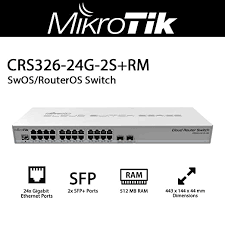 CRS326-24G-2S+RM 24-Port Gigabit Switch w 2 SFP plus MikroTic CRS326-24G-2S+RM 24-Port Gigabit Switch with 2 SFP+ Ports, Dual Boot (RouterOS/SwOS), ARM CPU, 512MB RAM, Passive Cooling, VLAN & MAC Filtering, 10-30V Power Input, CE Certified, 24W Max Power Consumption