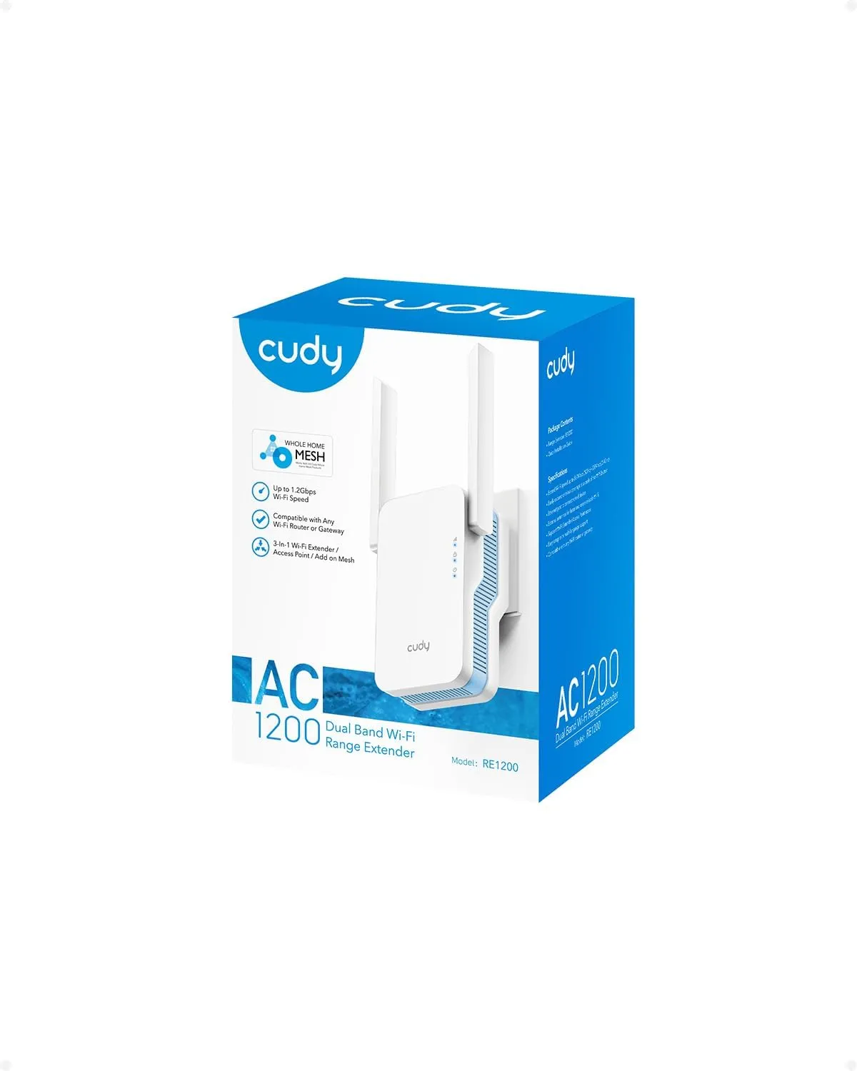 RE1200-EU RE1200 Cudy AC1200 WiFi Extender Access Point Cudy AC1200 WiFi Extender, 1.2Gbps Home Signal Booster, Dual Band 5GHz/2.4GHz, Covers up to 1500 Sq.ft and 30 Devices, AP Mode, Mesh Supported, RE1200