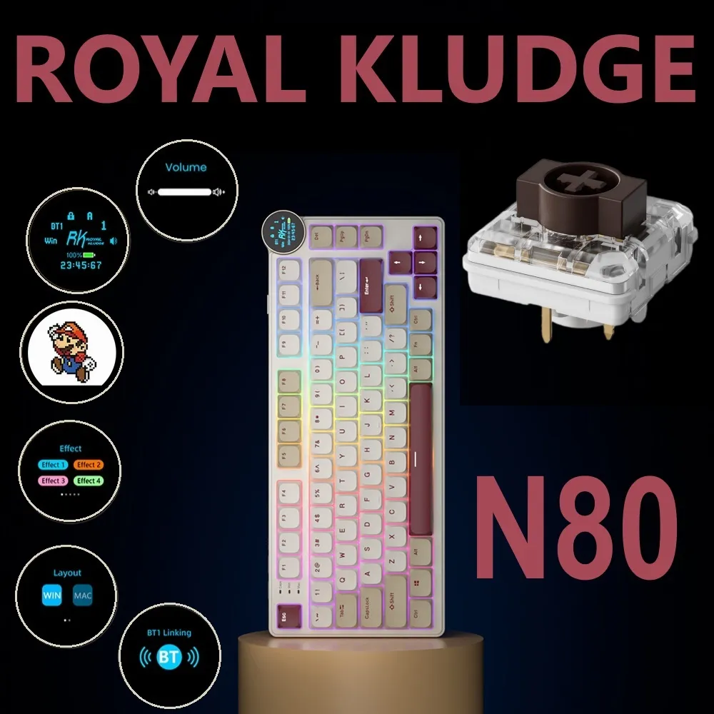 RKN80-PEARLY-BROWN BROWN Switch Low Profile Mechanical Keyboard RK ROYAL KLUDGE N80 Low Profile Mechanical Keyboard w/Smart Display Screen & Knob, 75% 80 Keys ; Top Mount 3-Modes BT/2.4G/USB-C Wireless Mechanical Keyboard, Software Support, Massive Battery ; RK Low-profile BROWN Switches ;WIN-iOS-MAC-ANDROID