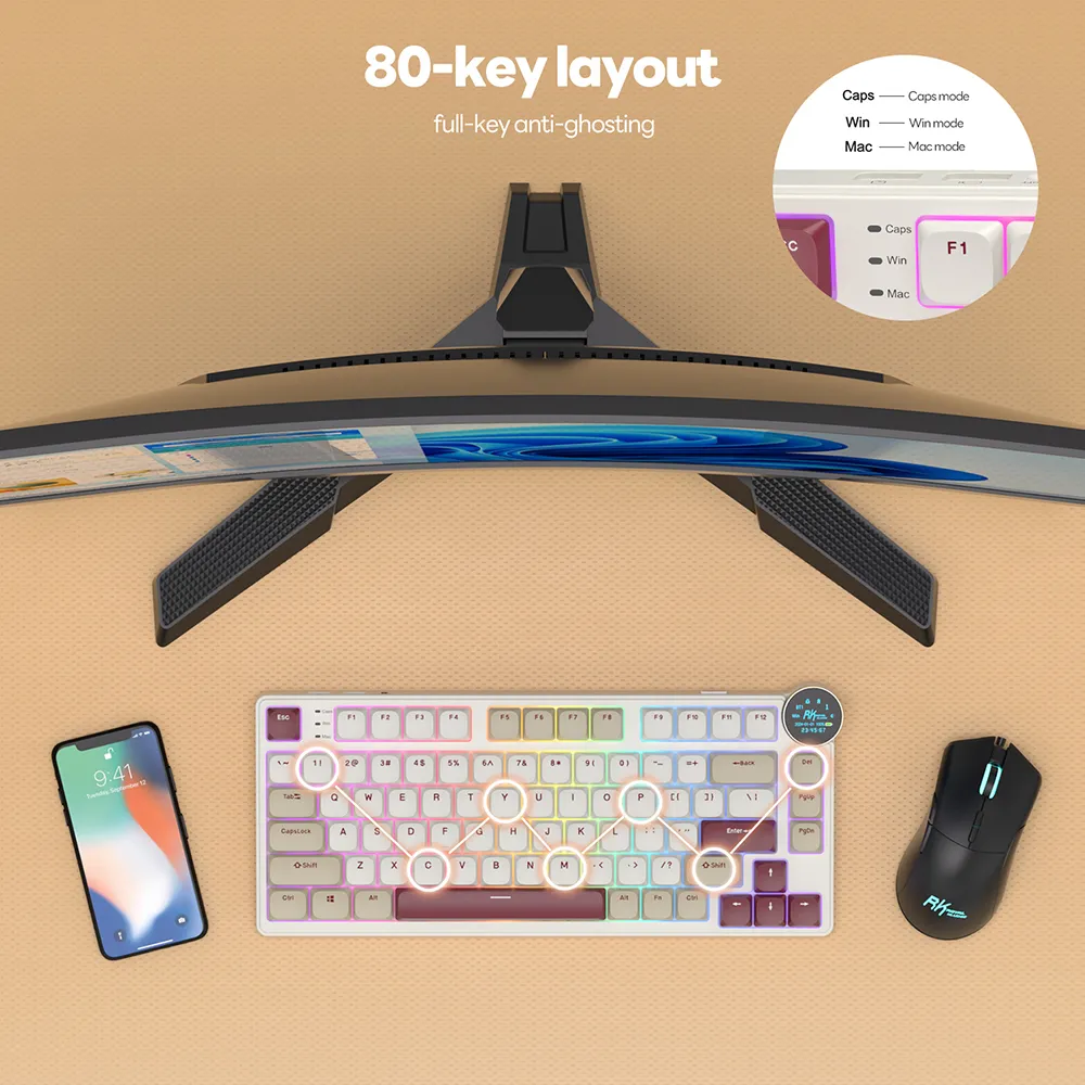 RKN80-PEARLY-RED Red Switch Low Profile Mechanical Keyboard RK ROYAL KLUDGE N80 Low Profile Mechanical Keyboard w/Smart Display Screen & Knob, 75% 80 Keys ; Top Mount 3-Modes BT/2.4G/USB-C Wireless Mechanical Keyboard, Software Support, Massive Battery ; RK Low-profile RED Switches ;WIN-iOS-MAC-ANDROID