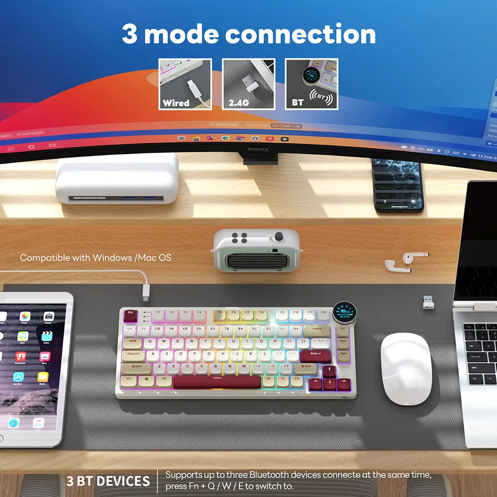 RKN80-PEARLY-RED Red Switch Low Profile Mechanical Keyboard RK ROYAL KLUDGE N80 Low Profile Mechanical Keyboard w/Smart Display Screen & Knob, 75% 80 Keys ; Top Mount 3-Modes BT/2.4G/USB-C Wireless Mechanical Keyboard, Software Support, Massive Battery ; RK Low-profile RED Switches ;WIN-iOS-MAC-ANDROID