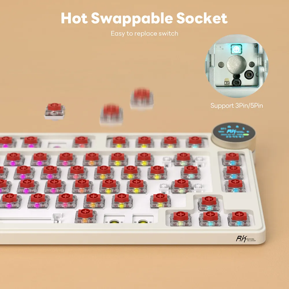 RKN80-PEARLY-RED Red Switch Low Profile Mechanical Keyboard RK ROYAL KLUDGE N80 Low Profile Mechanical Keyboard w/Smart Display Screen & Knob, 75% 80 Keys ; Top Mount 3-Modes BT/2.4G/USB-C Wireless Mechanical Keyboard, Software Support, Massive Battery ; RK Low-profile RED Switches ;WIN-iOS-MAC-ANDROID