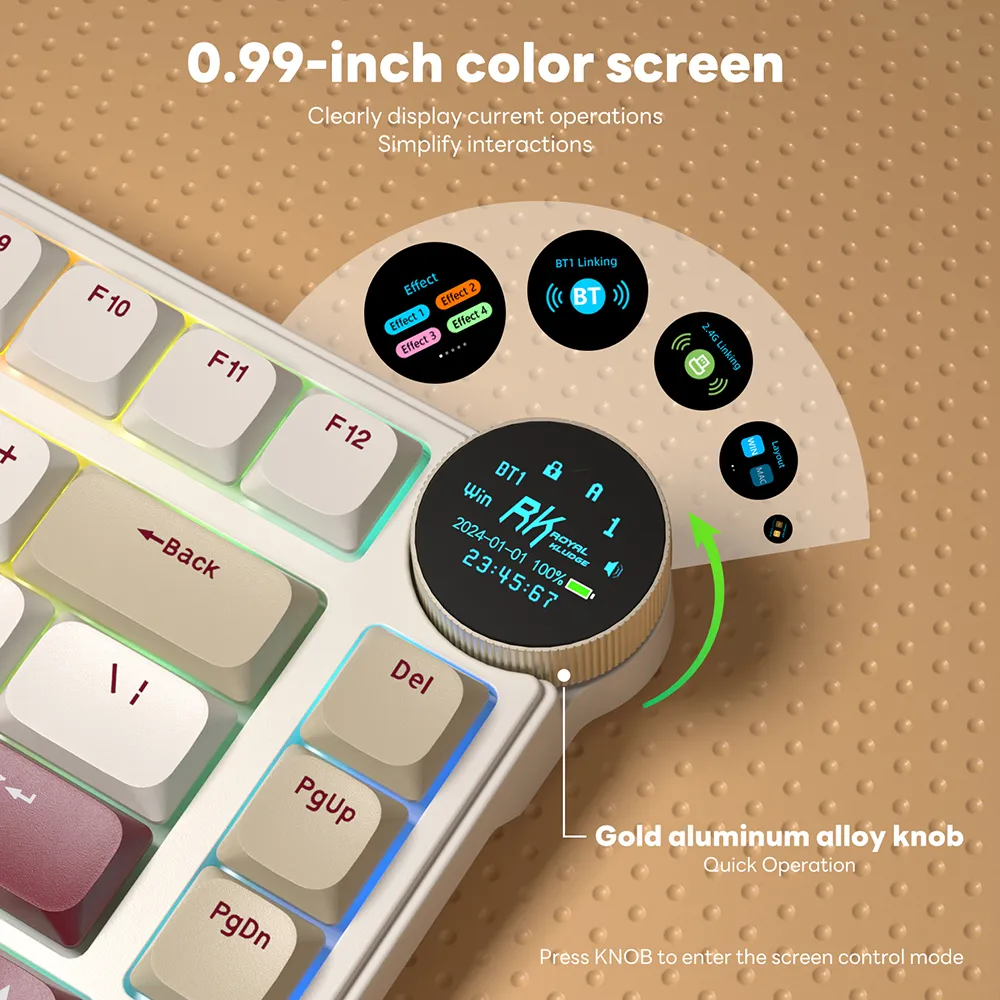 RKN80-PEARLY-RED Red Switch Low Profile Mechanical Keyboard RK ROYAL KLUDGE N80 Low Profile Mechanical Keyboard w/Smart Display Screen & Knob, 75% 80 Keys ; Top Mount 3-Modes BT/2.4G/USB-C Wireless Mechanical Keyboard, Software Support, Massive Battery ; RK Low-profile RED Switches ;WIN-iOS-MAC-ANDROID