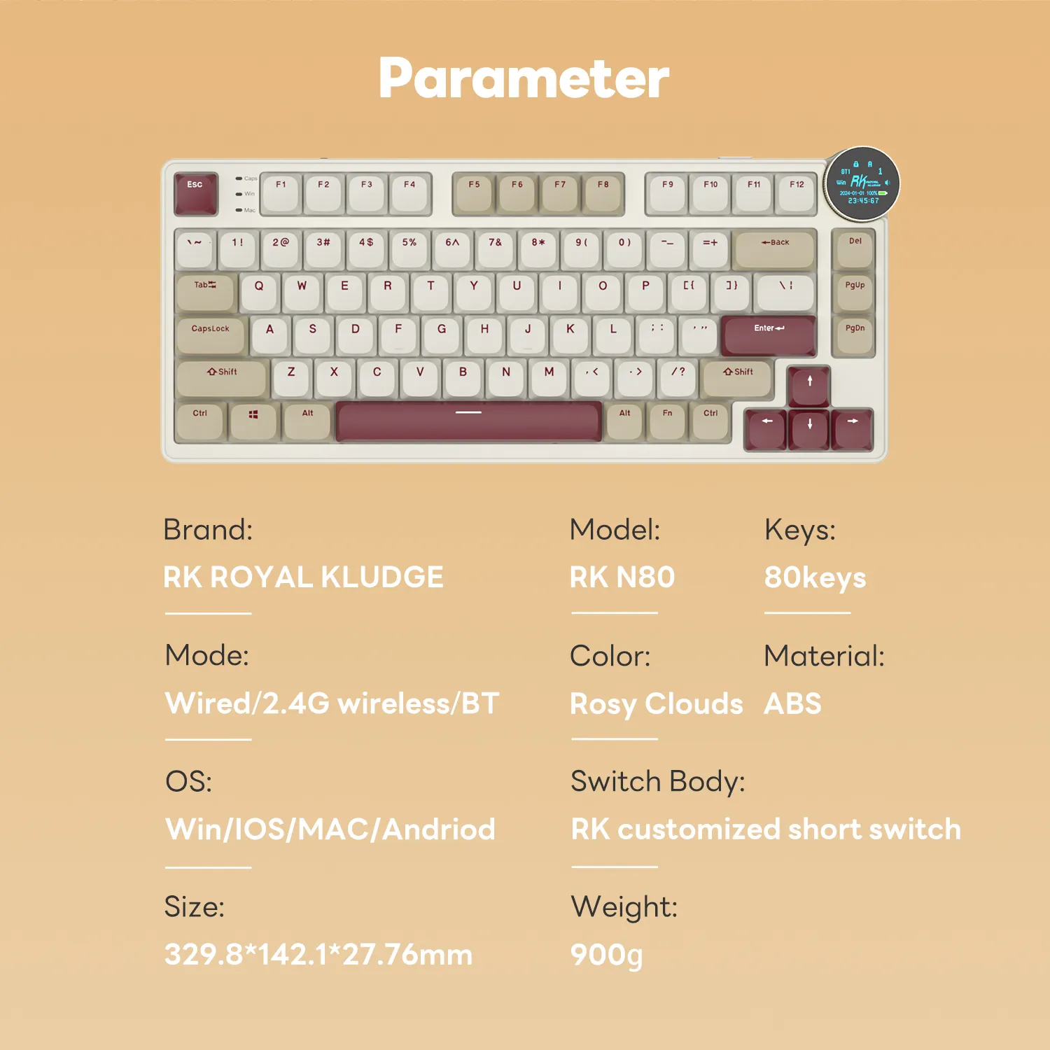 RKN80-PEARLY-RED Red Switch Low Profile Mechanical Keyboard RK ROYAL KLUDGE N80 Low Profile Mechanical Keyboard w/Smart Display Screen & Knob, 75% 80 Keys ; Top Mount 3-Modes BT/2.4G/USB-C Wireless Mechanical Keyboard, Software Support, Massive Battery ; RK Low-profile RED Switches ;WIN-iOS-MAC-ANDROID