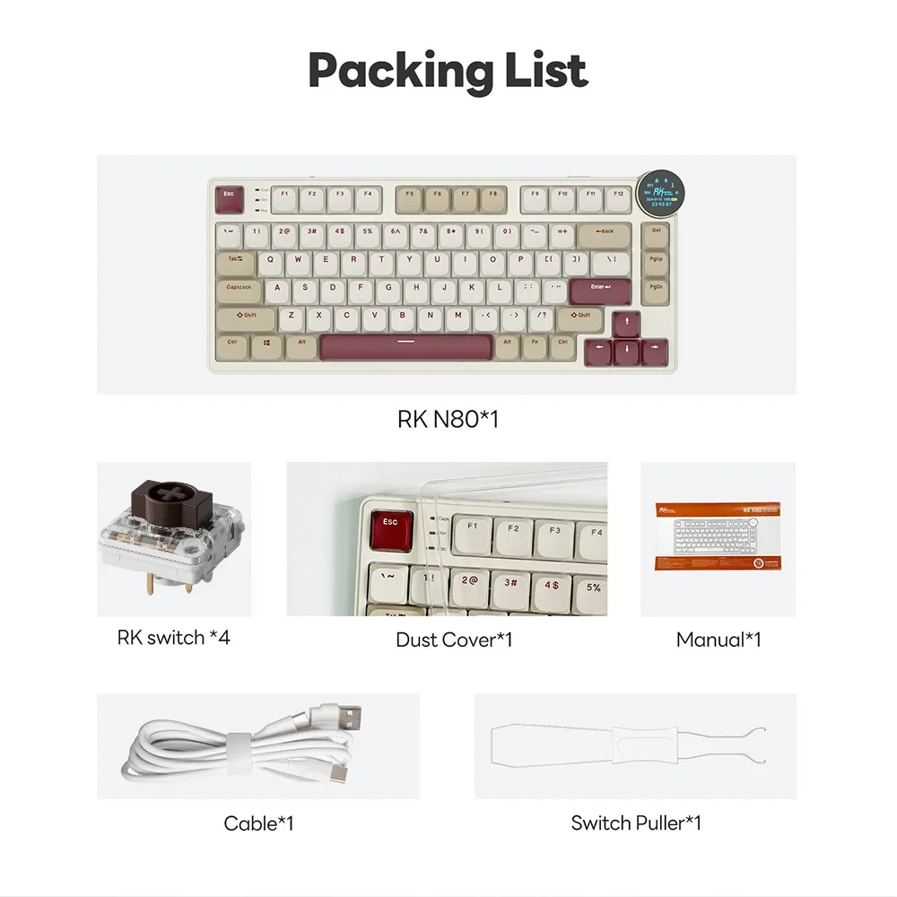 RKN80-PEARLY-BROWN BROWN Switch Low Profile Mechanical Keyboard RK ROYAL KLUDGE N80 Low Profile Mechanical Keyboard w/Smart Display Screen & Knob, 75% 80 Keys ; Top Mount 3-Modes BT/2.4G/USB-C Wireless Mechanical Keyboard, Software Support, Massive Battery ; RK Low-profile BROWN Switches ;WIN-iOS-MAC-ANDROID