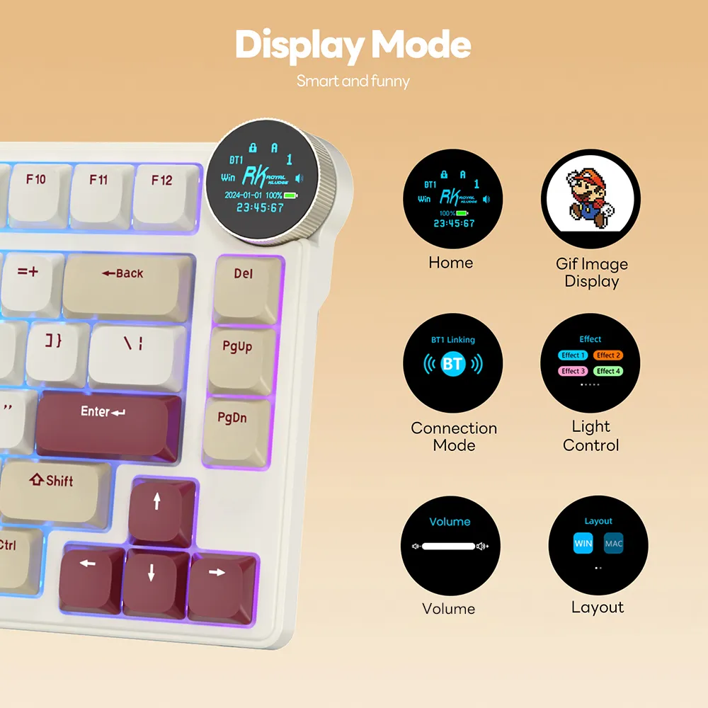 RKN80-PEARLY-RED Red Switch Low Profile Mechanical Keyboard RK ROYAL KLUDGE N80 Low Profile Mechanical Keyboard w/Smart Display Screen & Knob, 75% 80 Keys ; Top Mount 3-Modes BT/2.4G/USB-C Wireless Mechanical Keyboard, Software Support, Massive Battery ; RK Low-profile RED Switches ;WIN-iOS-MAC-ANDROID