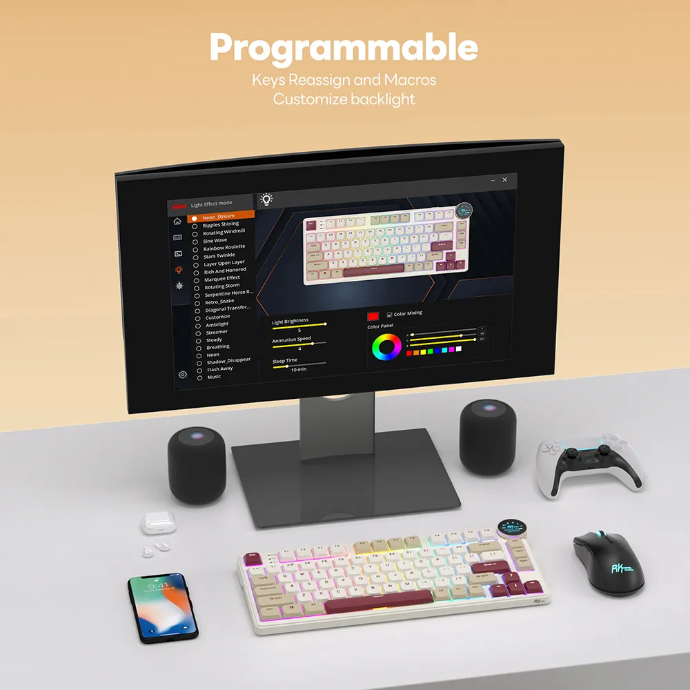 RKN80-PEARLY-RED Red Switch Low Profile Mechanical Keyboard RK ROYAL KLUDGE N80 Low Profile Mechanical Keyboard w/Smart Display Screen & Knob, 75% 80 Keys ; Top Mount 3-Modes BT/2.4G/USB-C Wireless Mechanical Keyboard, Software Support, Massive Battery ; RK Low-profile RED Switches ;WIN-iOS-MAC-ANDROID