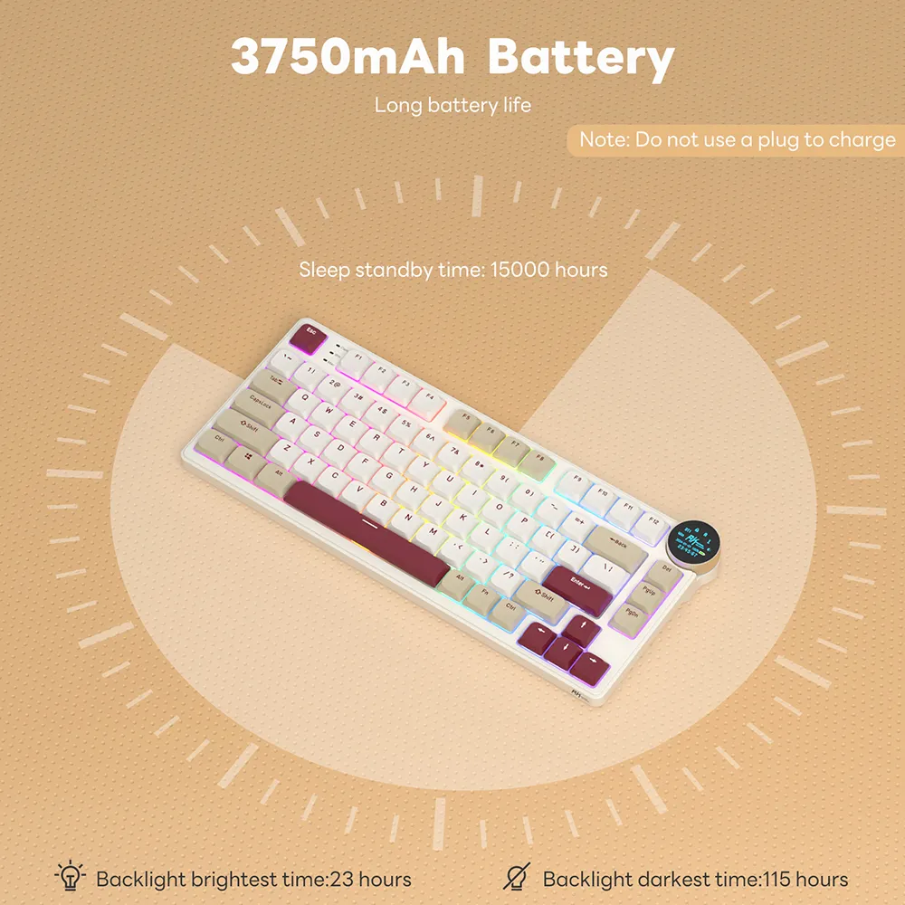 RKN80-PEARLY-RED Red Switch Low Profile Mechanical Keyboard RK ROYAL KLUDGE N80 Low Profile Mechanical Keyboard w/Smart Display Screen & Knob, 75% 80 Keys ; Top Mount 3-Modes BT/2.4G/USB-C Wireless Mechanical Keyboard, Software Support, Massive Battery ; RK Low-profile RED Switches ;WIN-iOS-MAC-ANDROID