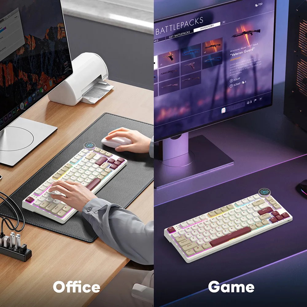 RKN80-PEARLY-RED Red Switch Low Profile Mechanical Keyboard RK ROYAL KLUDGE N80 Low Profile Mechanical Keyboard w/Smart Display Screen & Knob, 75% 80 Keys ; Top Mount 3-Modes BT/2.4G/USB-C Wireless Mechanical Keyboard, Software Support, Massive Battery ; RK Low-profile RED Switches ;WIN-iOS-MAC-ANDROID