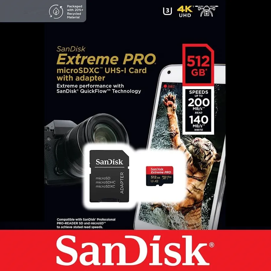SDSQXCD-512G-GN6MA SanDisk Extreme PRO microSDXC UHS-I 512GB A2 SanDisk Extreme PRO microSDXC UHS-I Memory Card 512 GB + Adapter & RescuePRO Deluxe (for Smartphones, Action Cameras or Drones, A2, Class 10, V30, U3, 200 MB/s Transfer)