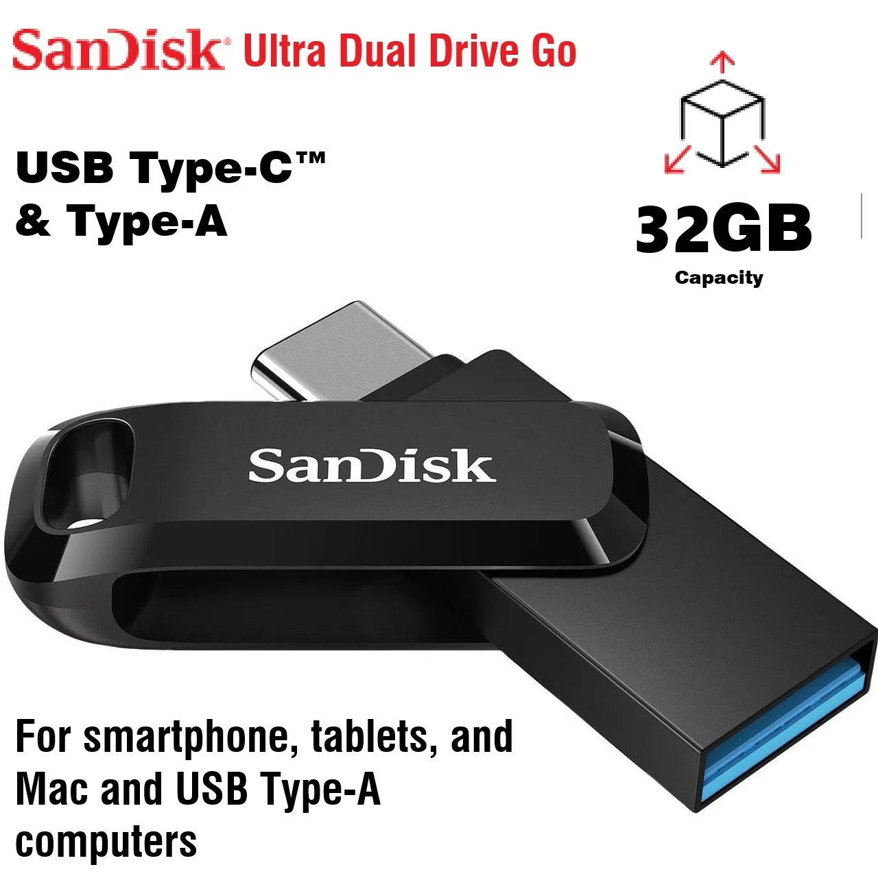 Ultra-Dual-Drive-Go-USB-Type-C-USB-A-Flash-Drive-64GB-400MBs-2 SDDDC3-032G-G46 Go USB Type-C USB A Flash Drive 32GB SanDisk Ultra Dual Drive Go USB Type-C – 2-in-1 Flash Drive, 32GB Capacity, USB 3.2 Gen 1 Interface, Swivel Design , 150MB/s Read Speed , Compatible with iOS , Android , macOS , Windows