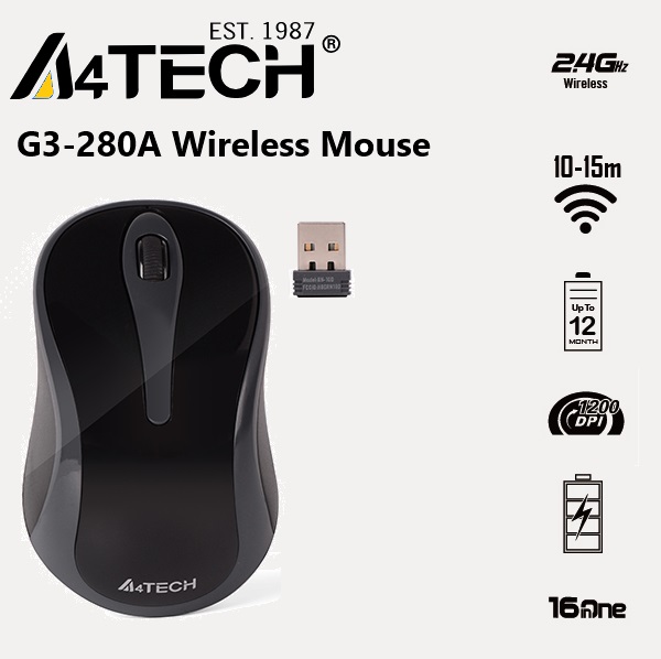 1308582583893062 MSW-A4TE-G3-280A A4TECH G3-280A Energy-saving Wireless Mouse with Nano USB Receiver ; 2.4G Hz Connection up to 10-15m Range ; Optical Sensor ; 1200 DPI 125Hz ; 16 Gestures Hotkey Commands.