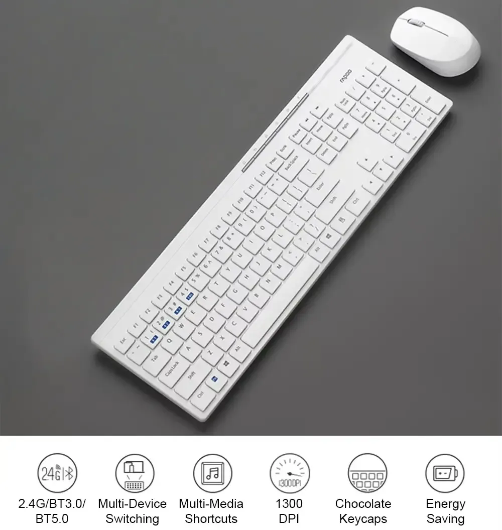 1734010835171 Rapoo 8100GT Keyboard Mouse Wireless Combo Dual-Mode BT3.0+BT5.0+2.4G Wireless (with USB receiver) 105-Key Chocolate Keycaps Keyboard for Office Business PC Laptop | WHITE - Image 1