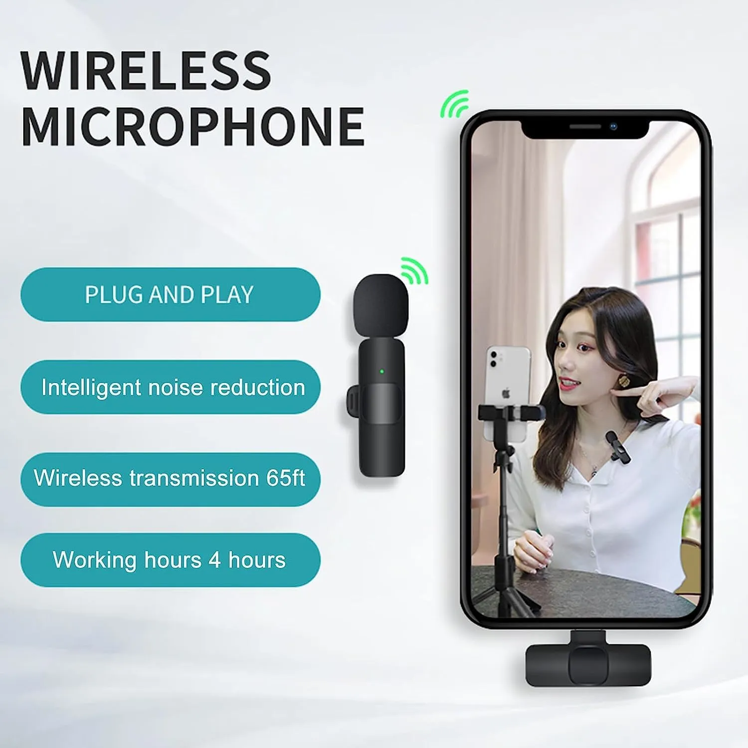 61U1215K6hL._AC_SL1500_ K8 Wireless Lavalier Microphone Plug and Play for iPhone Android 20 m(65 feet) Synchronized Transmission Clear Receiving Intelligent Noise Cancellation Wireless Microphone