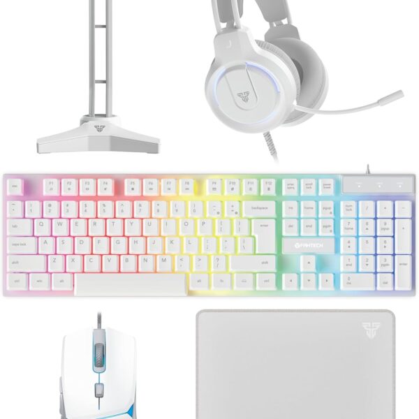 FAN-P51-WHITE FANTECH P51 5 in 1 WHITE Power Bundle FANTECH P51 PC Gamer Basic 5 in-1 Gaming Set Gaming Keyboard and Mouse Combo, Gaming Headset and Headphone Stand Gaming Mouse Pad Wired RGB Rainbow Backlight  Fantech P51 5 in 1 WHITE Power Bundle : Flash HQ53 Headset , Tower II AC304 Headset Stand , Shikari K515 Gaming Keyboard , Vigil MP356 Mousepad , Crypto VX7 Gaming Mouse