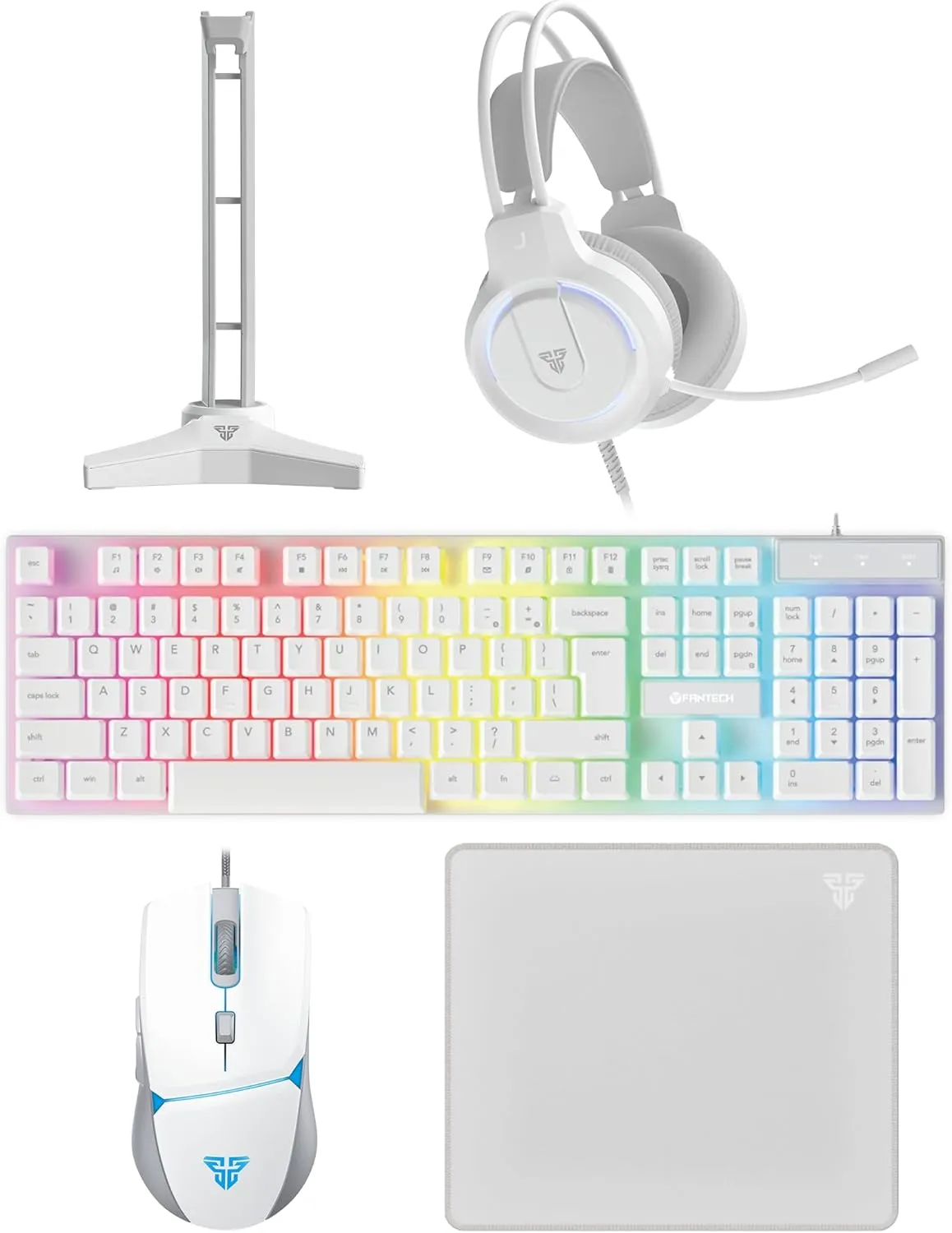 61jhUE5hjIL._AC_SL1500_ FAN-P51-WHITE FANTECH P51 5 in 1 WHITE Power Bundle FANTECH P51 PC Gamer Basic 5 in-1 Gaming Set Gaming Keyboard and Mouse Combo, Gaming Headset and Headphone Stand Gaming Mouse Pad Wired RGB Rainbow Backlight Fantech P51 5 in 1 WHITE Power Bundle : Flash HQ53 Headset , Tower II AC304 Headset Stand , Shikari K515 Gaming Keyboard , Vigil MP356 Mousepad , Crypto VX7 Gaming Mouse